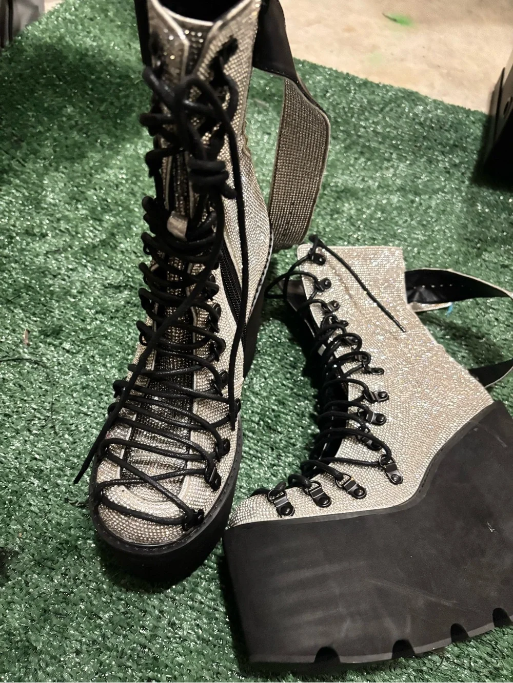 Chunky Platform Lace-Up Boots in Glittery Silver